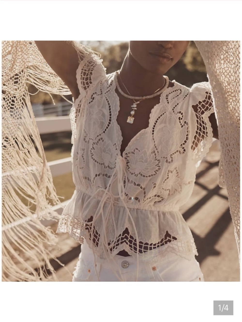 Anthropologie White Crochet Tie-Front Peplum Top